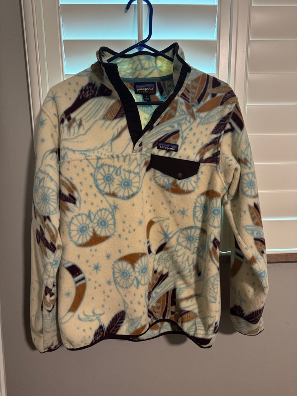 Patagonia Cream Fleece Pullover with Blue Owl Print and Brown Accents